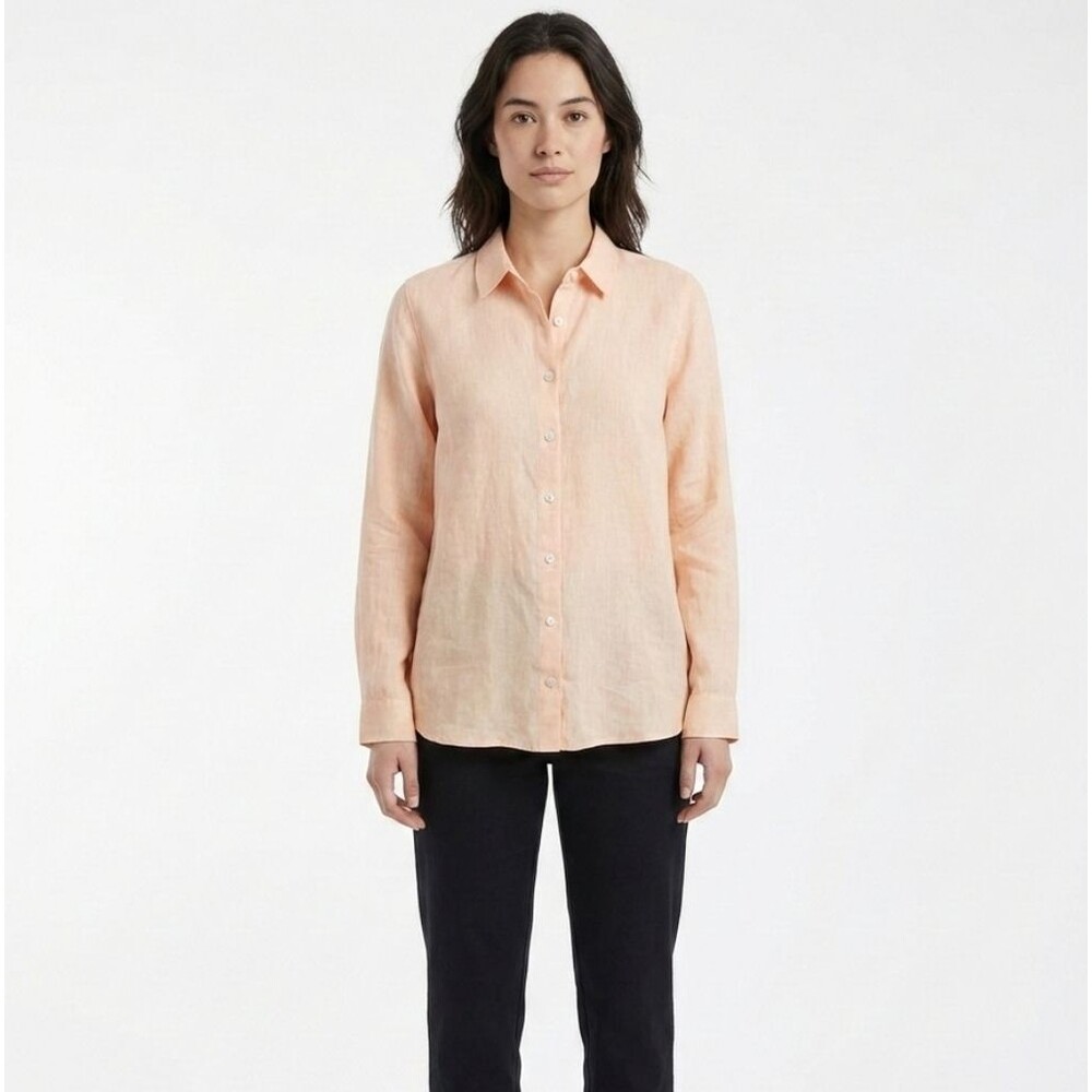 Chico’s No Iron 100% Linen Button Up Shirt Peach Coral Coastal Grandma Size 2 12